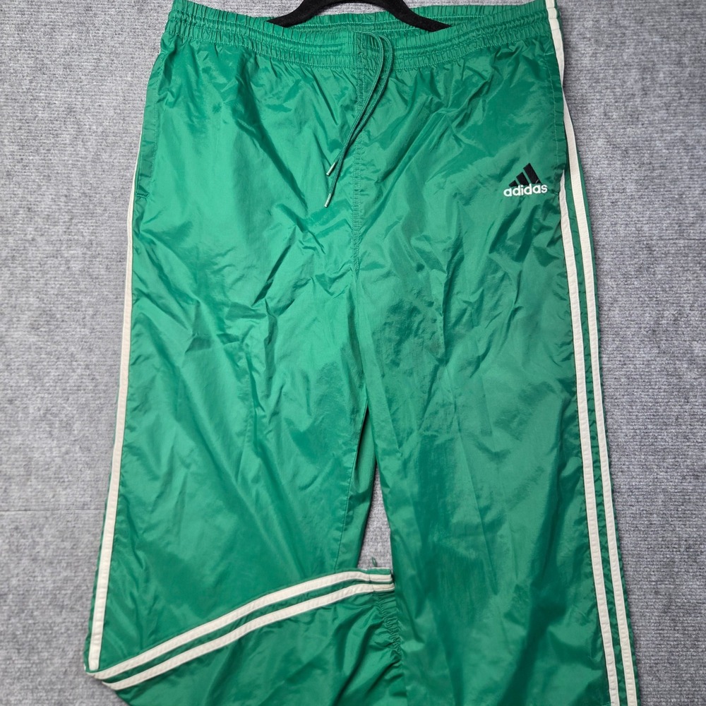 Vintage Adidas Green Wind Pants 3-Stripe Track Pants Elastic Waist Drawstring L